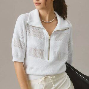 Varley Kembria Half-Zip White Knit Sweater Polo Top Cotton Preppy Tenniscore